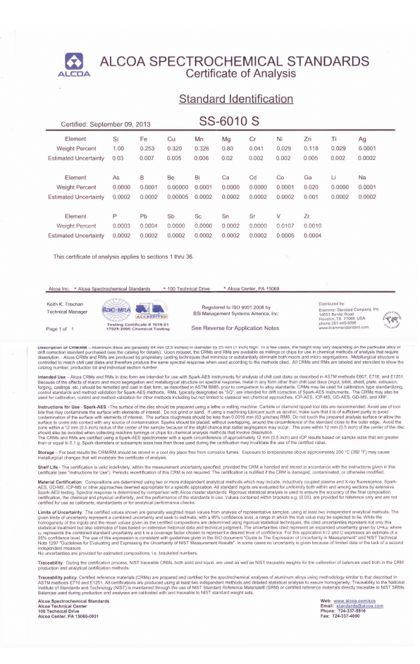 進口美國鋁業(yè)鋁合金光譜標(biāo)樣AA SS-6010證書